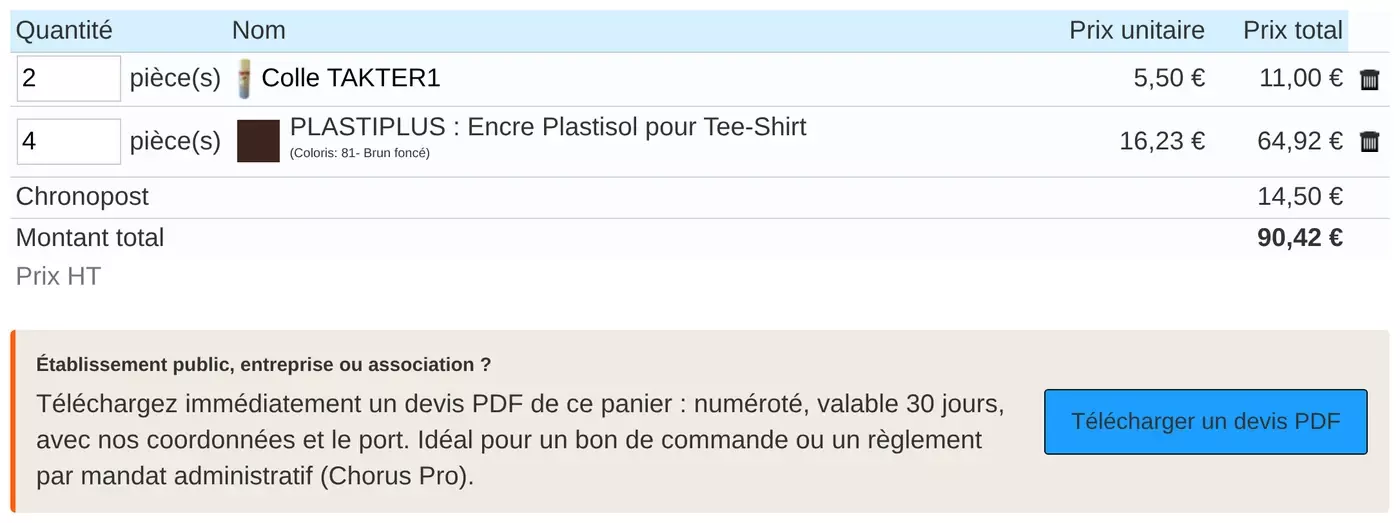 Page panier de serigraphie-boutique.fr : sous le montant total, l'encart « Établissement public, entreprise ou association ? » avec le bouton « Télécharger un devis PDF »