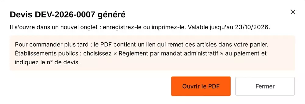 Confirmation « Devis DEV-2026-0007 généré » avec le bouton « Ouvrir le PDF »
