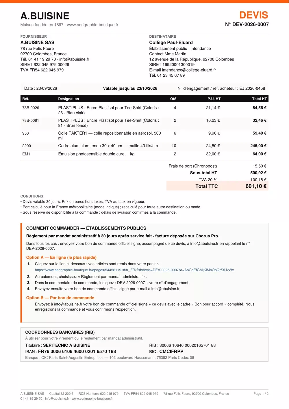 Première page d'un devis PDF A.BUISINE : coordonnées, client, tableau des articles, totaux
