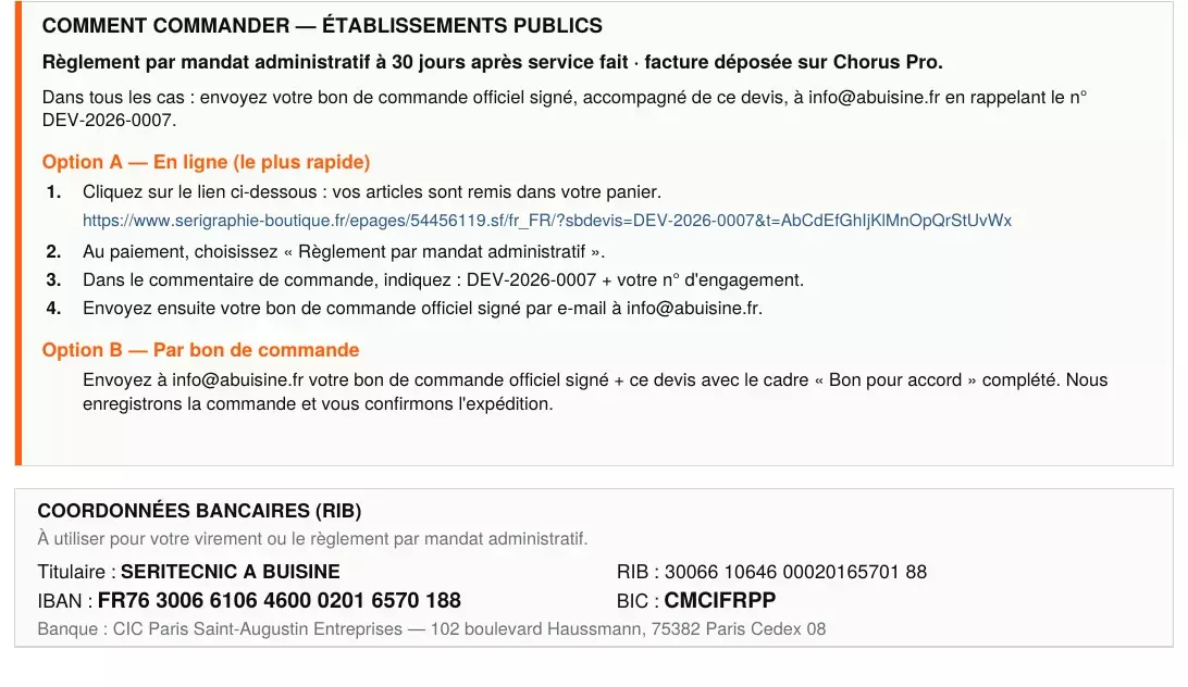 Extrait du devis PDF : encadré « Comment commander — établissements publics » avec les options A et B, puis le bloc coordonnées bancaires (RIB)