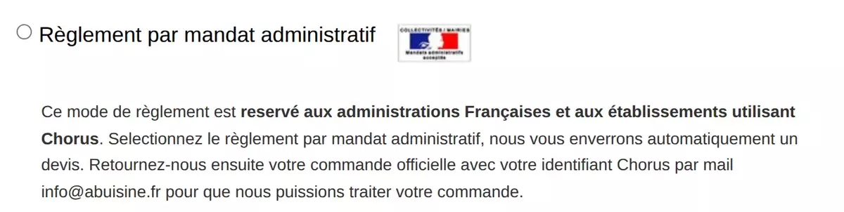 Étape paiement de la boutique : mode « Règlement par mandat administratif » avec le pictogramme Collectivités / Mairies